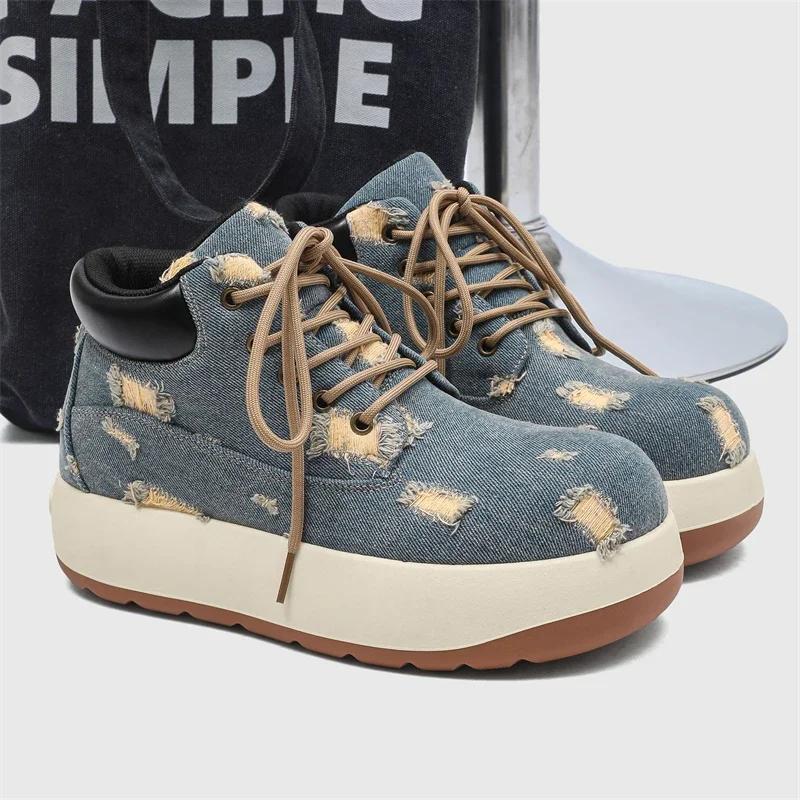 Canvas Boots for Men Outdoor Workwear Boots Retro Spring Chunky Sneakers Design Big Head Platform Lace-up Ankle Boots Trendy