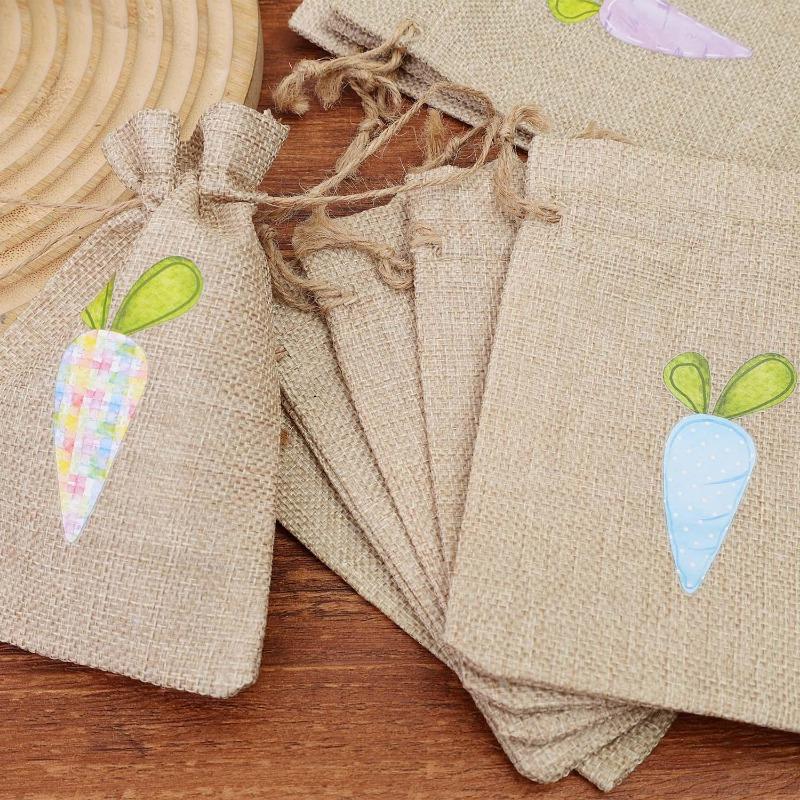 Easter Linen Gift Bags Cartoon Carrot Candy Cookie Packaging Bags with Drawstring Happy Easter Party Gifts Decoration Supplies