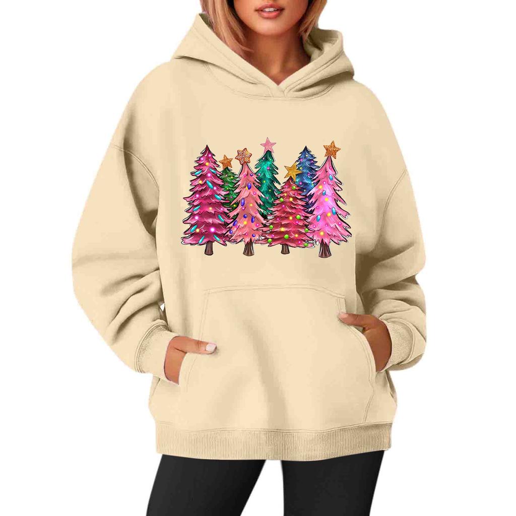 Women's Sweatshirts O-neck Long Sleeve Christmas Printed Top Solid Color Hoodie