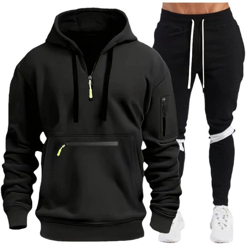 Mens Hooded Tracksuit Half-Zip Sweatshirt Slim Fit Jogger Pants Casual Sportswear Set