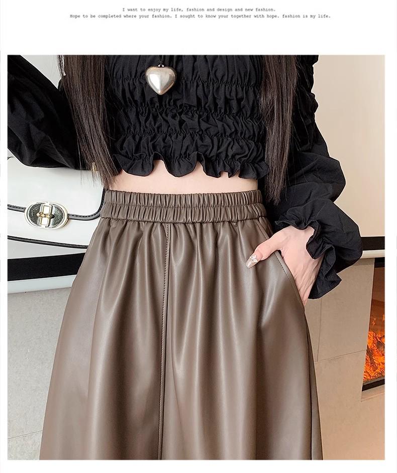 Women's Black PU Leather Midi Skirt - Spring/Autumn High Waist Pleated A-line with Hip-covering Slimming Design