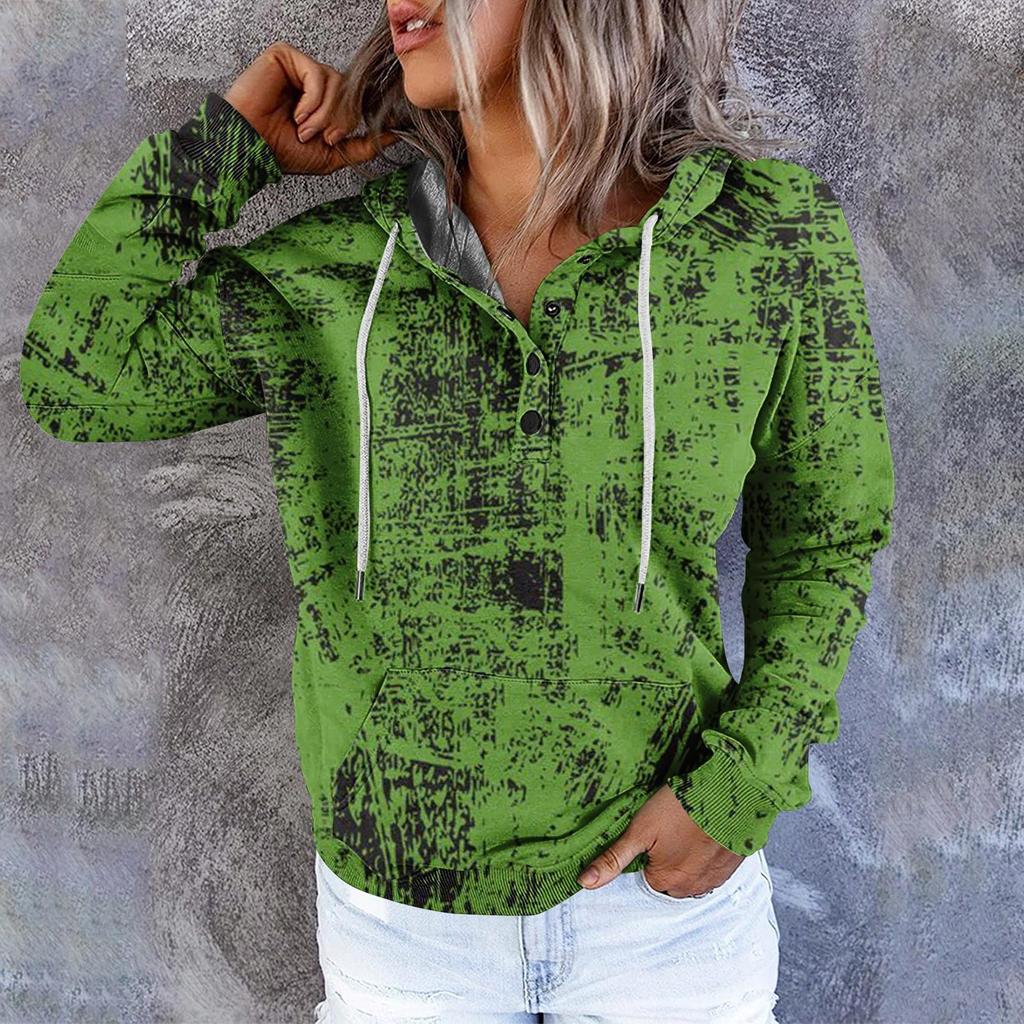Women's Casual Fashion Vintage Print Long Sleeve Button Pullover Hoodies Sweatshirts