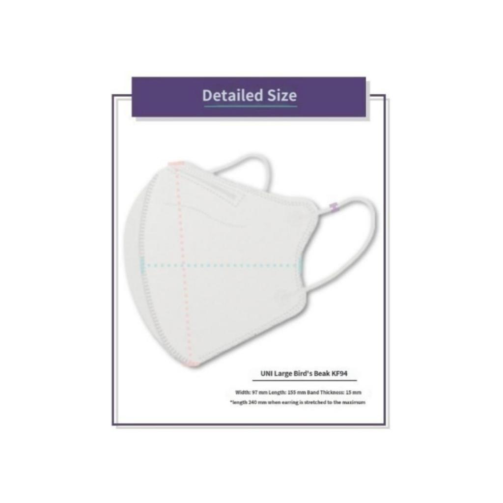 UNI 2D Bird Beak Type Mask Large KF94, 50pcs, White, 1 Set(individual Packaging)