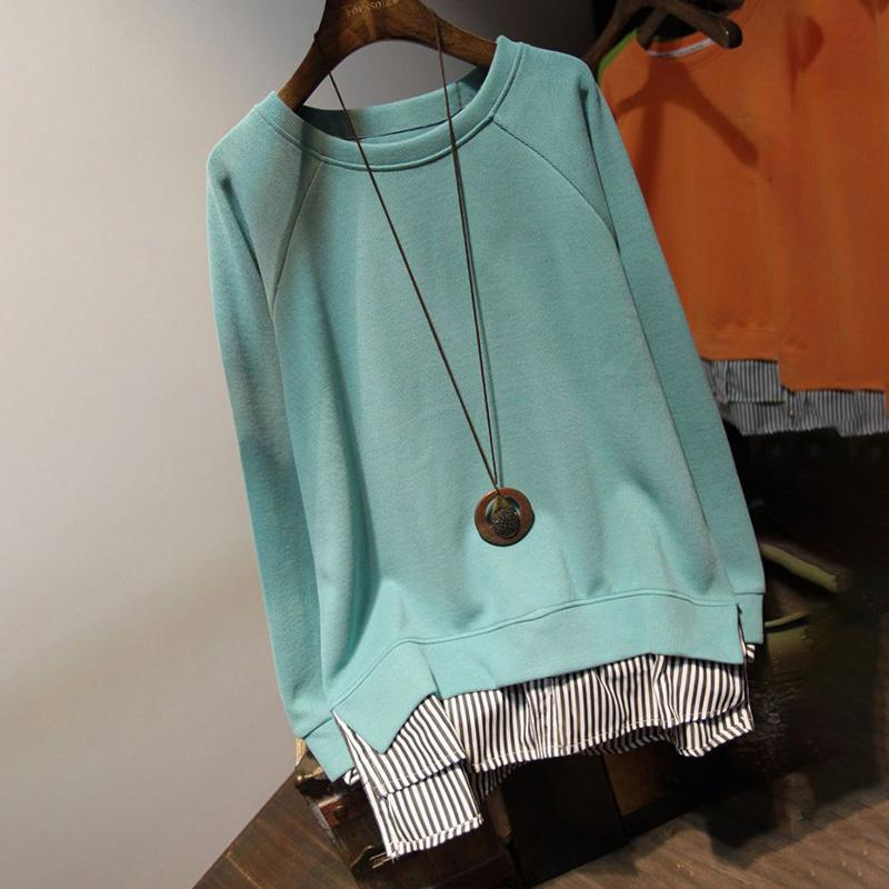 Свободный свитшот, женский осенний искусственный комплект из двух частей в полоску, сотни повседневных топов средней длины с круглым вырезом