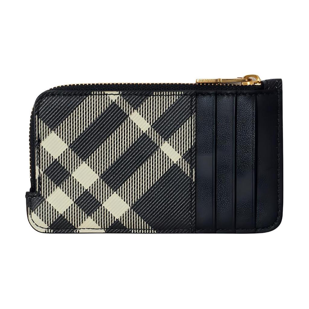 Burberry Check Zip Card Holder, Black & Beige Plaid Leather Coin Purse with Gold Hardware,Card Case for Daily Carry, Business & Travel 80951191