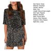 Women Summer Dress Shiny Sequin Short Sleeve Split Hem Loose Round Neck A-line Prom Party Mini Dress Lady Short Dress