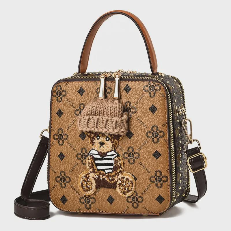 2024 Cartoon Bear Women's Crossbody Handbag - Small Square Design
