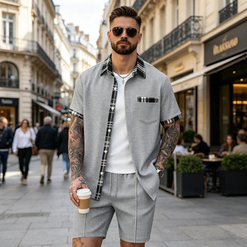 Men S Waffle Plaid Short Sleeve Shirt And Shorts Two Piece Set