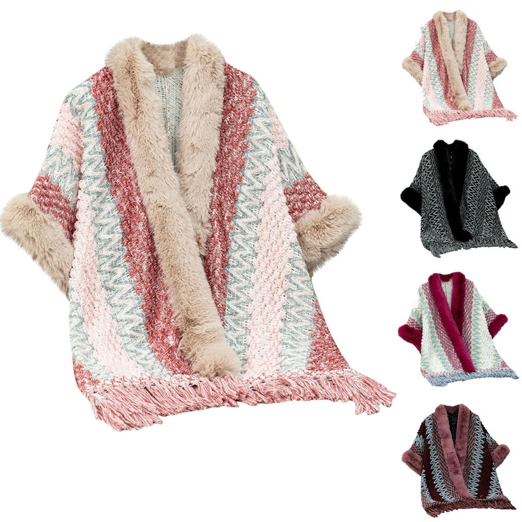 Women's Fashion Striped Fringe Knitted Shawl Cape Cape All Over The Cape With Scarf Sweater