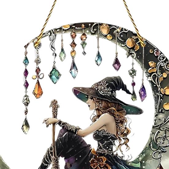 Halloween Moon Witch Hanging Decoration Stained Glass 2D Flat Acrylic Faux Crystal Pendant Witch Suncatcher Wall Window Hanging Sign Ornament