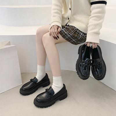 Британские туфли на платформе женские однопедальные туфли сезон черные круглые французские маленькие кожаные туфли