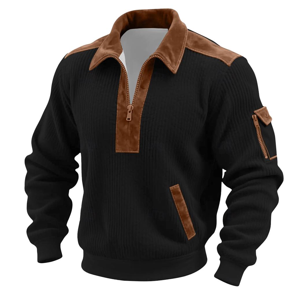 Мужской однотонный вельветовый топ с длинным рукавом и застежкой-молнией на горловине, мужской повседневный топ с лацканами