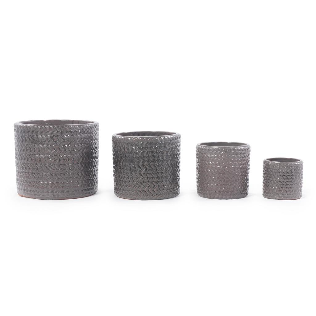 Single Handmade Ceramic Plant Pot diameter 37 cm, Glossy Grey with Herringbone Relief, Breathable, Frost-Resistant