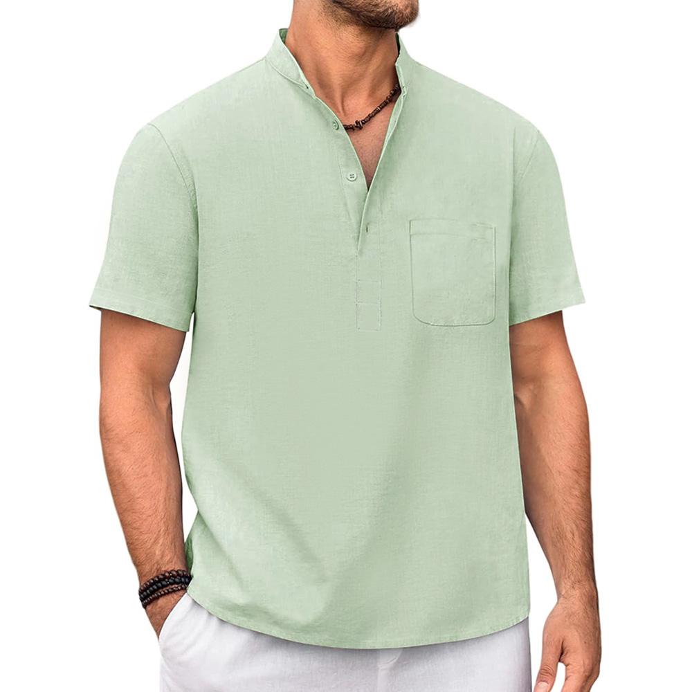 Мужская футболка из хлопка и льна, хенли, повседневная, однотонная, с коротким рукавом, легкая, дышащая, для отпуска, пляжного стиля