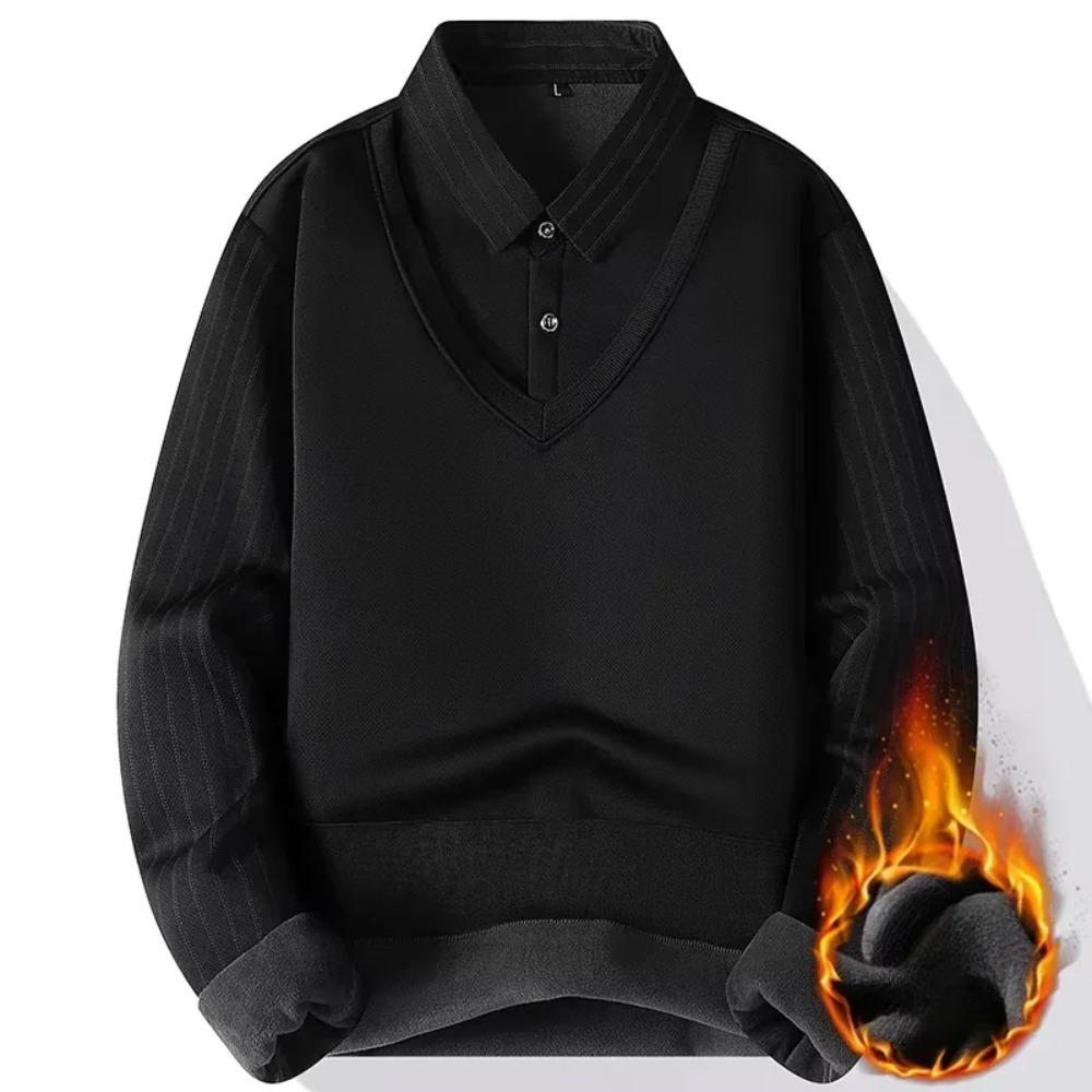 Мужской пуловер вязаный свитер с имитацией двух частей 2025 Зимний теплый топ Утепленный флисом на бархатной подкладке Свитер с воротником-рубашкой Мужская одежда