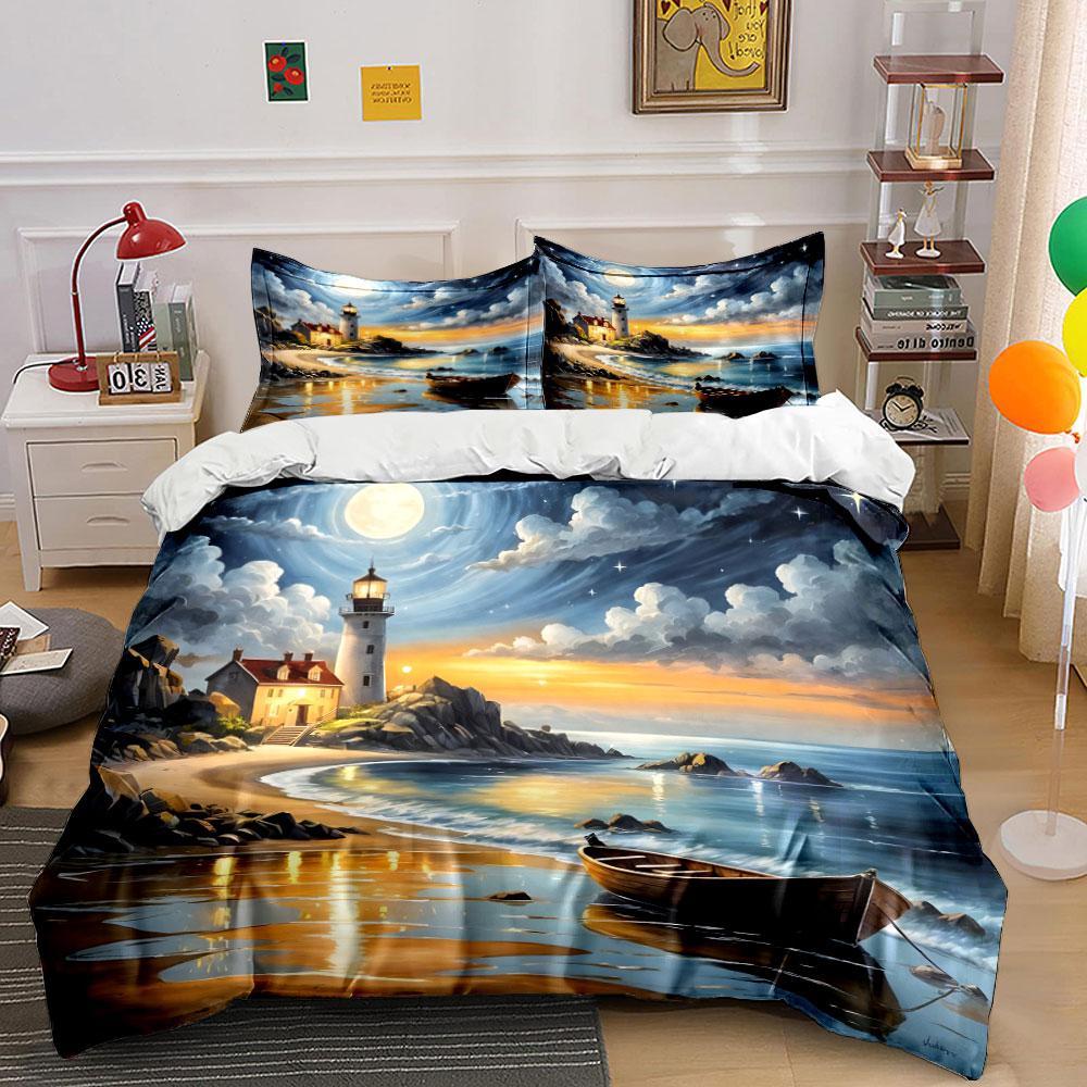 Lighthouse, boat, ocean, clouds. Bedding sets Duvet cover sets Duvet covers Pillowcases(1*Duvet Cover 2*Pillowcases without duvet insert)