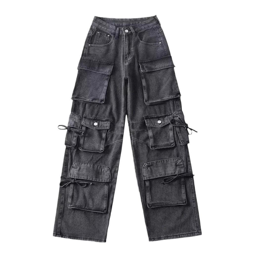 Autumn Street Style Multi-Pocket Splicing Jeans: European & American Casual Straight-Leg Trousers