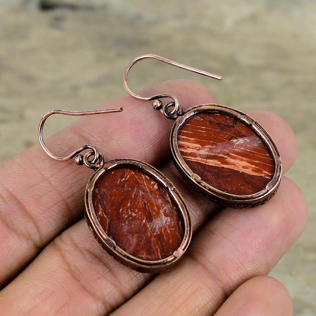 Red Snakeskin Jasper Earring Electroformed Copper Earrings Natural Gemstone Jewelry Handmade Earring Wonderful Copper Jewelry Wedding Gifts