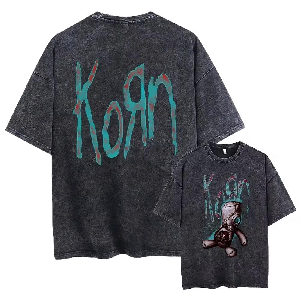 Washed Vintage Rock Band Korn Falling Away From Me Tshirt Skeleton Print T-shirts Men Fashion Gothic T Shirt Male Oversized Tees