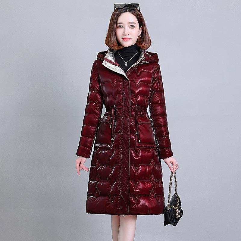 Bright Cotton-padded Jacket Women's Long Over-the-knee Slim Hooded Waist Coat In Winter