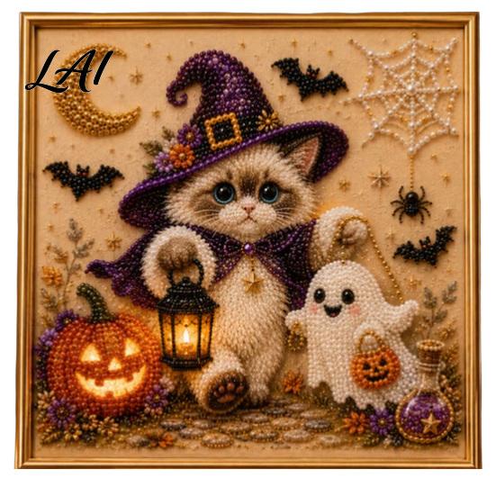 DIY Bead Art Crafts Halloween Witch Hat Cat 3D Pearl Painting Kit with Frame Hand-Pasted Craft for Adults Relaxing Handmade Kits Mosaic Home