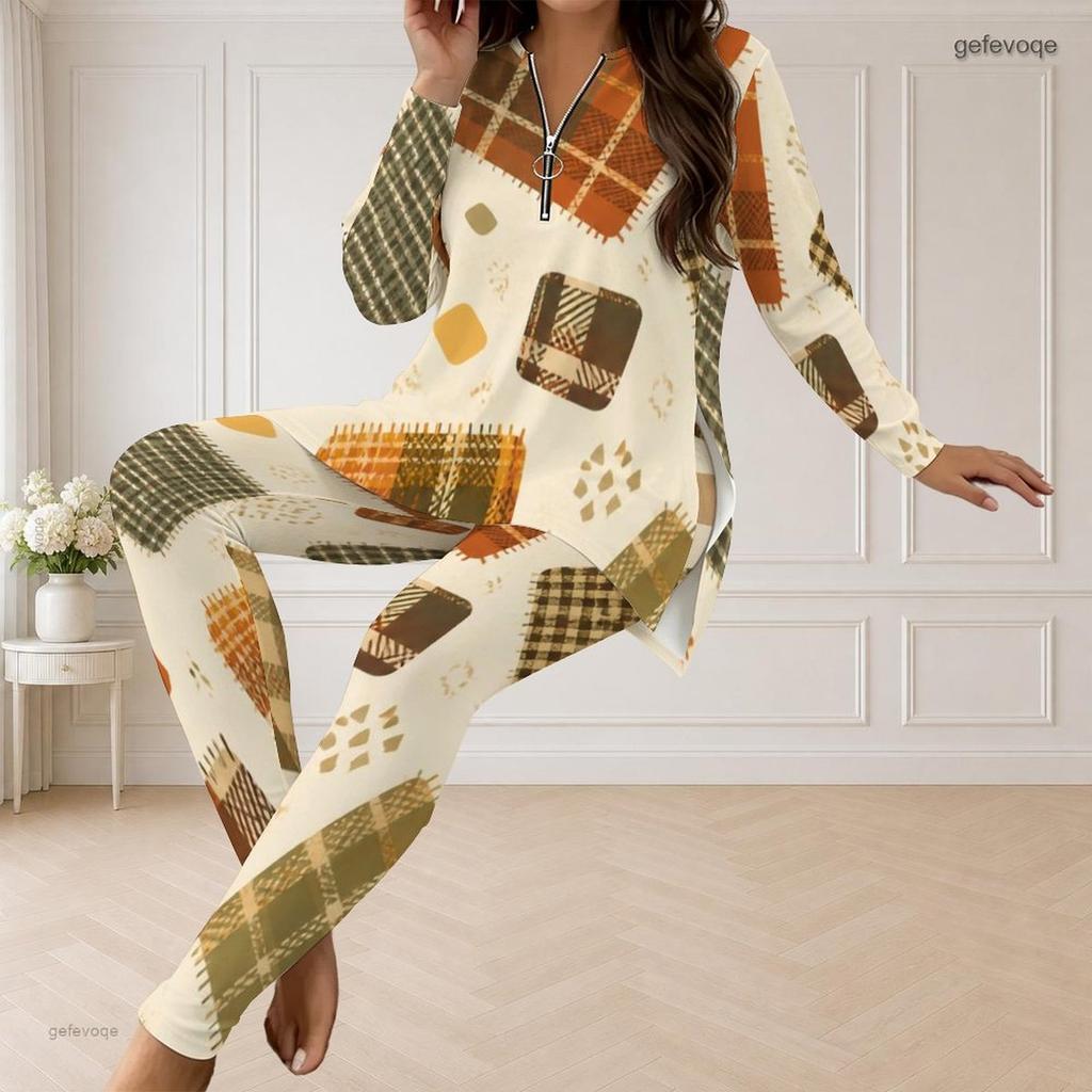 Women Plus Size Printed Two Piece Pants Set Half Zip Long Sleeve Longline Top And Fitted Pants