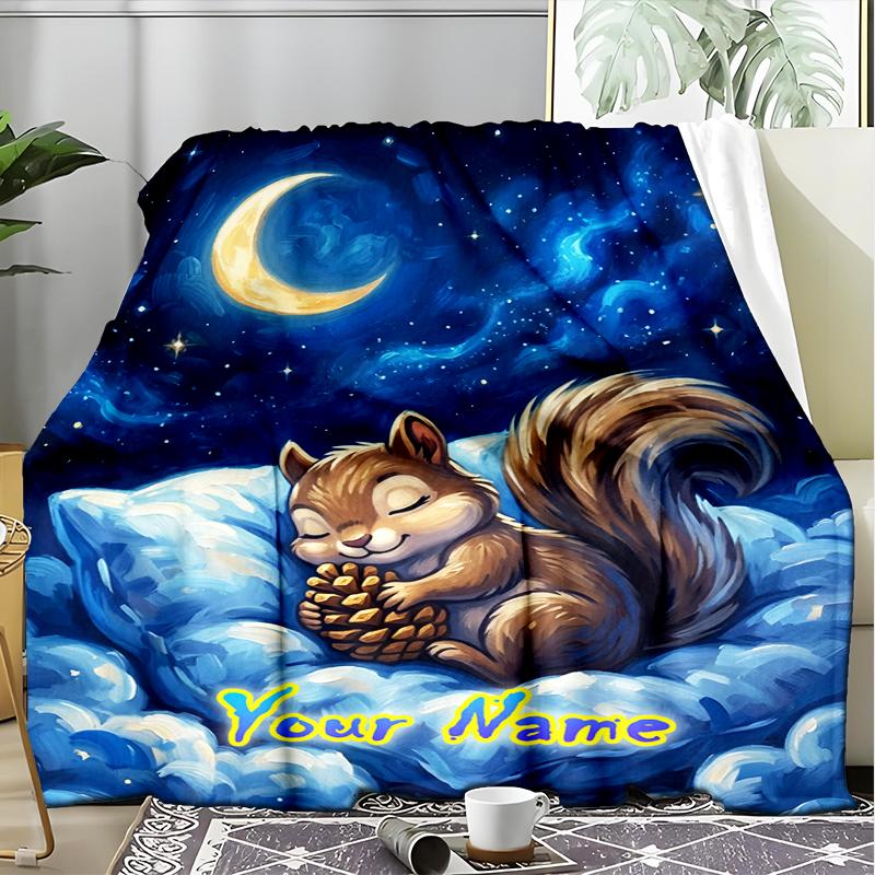1PC Custom Name Squirrel Dreams Moonlight flannel blanket versatile,all-season throw suitable for the living room,bedroom,camping,travel,and gift