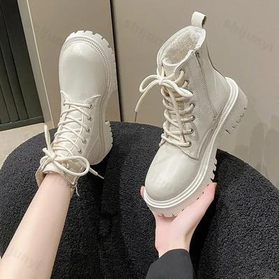 Женские ботинки 2025 Осень/Зима Новые Британский стиль Плюшевые Модные На толстой подошве Ботильоны На шнуровке Удобные На молнии Зимние ботинки