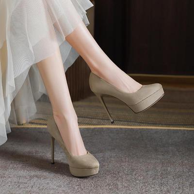 136-2 Водонепроницаемые замшевые туфли-лодочки с круглым носком и очень высоким каблуком-шпилькой для женщин