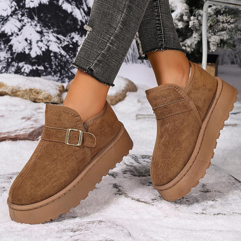 Модные зимние ботильоны на толстой подошве с пряжкой, женские 2025, из искусственной замши на платформе, женские зимние ботинки, слипоны, короткие плюшевые хлопковые туфли