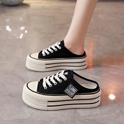 Холщовые полутапочки женская летняя одежда 2025 года, новинка, интернет-знаменитость, ощущение толстой подошвы, усиленной, без каблука, ленивый