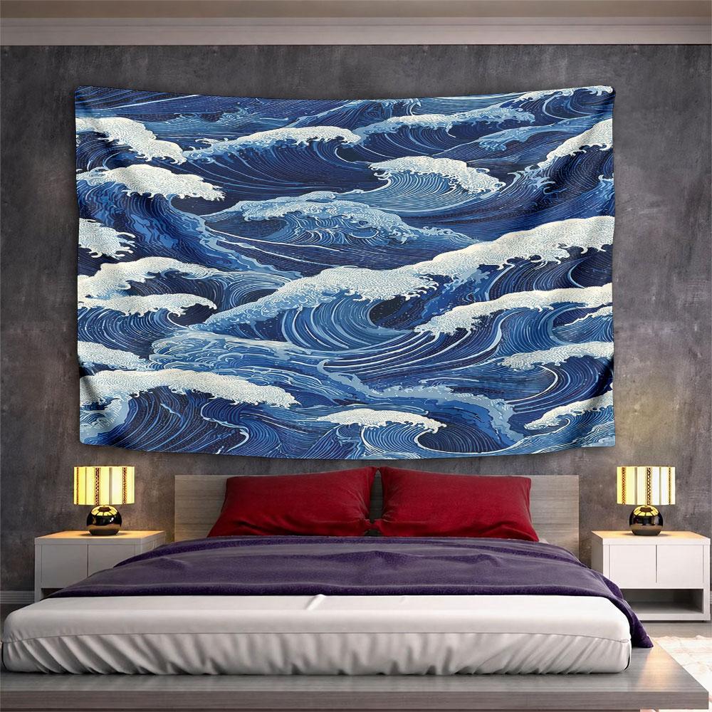 Blue Ocean Waves Artwork Pattern Wall Hanging Tapestry Decorative Tapestry Home Decor for Bedroom and Living Room