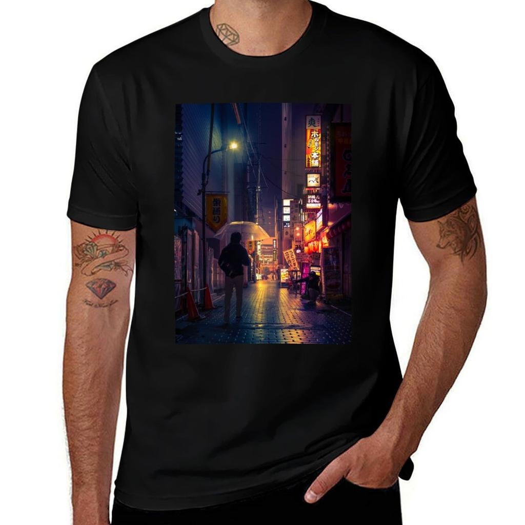 Neon Noir Street Reflecting The Warm Yellow And Orange Light From The Bar Area Tshirt Everyday Wear Basic Short Sleeve Top