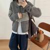 Contrasting Color Striped Lapel Sweater Jacket Women's Autumn and Winter New Lazy Style Loose Thickened Knitted Cardigan Top