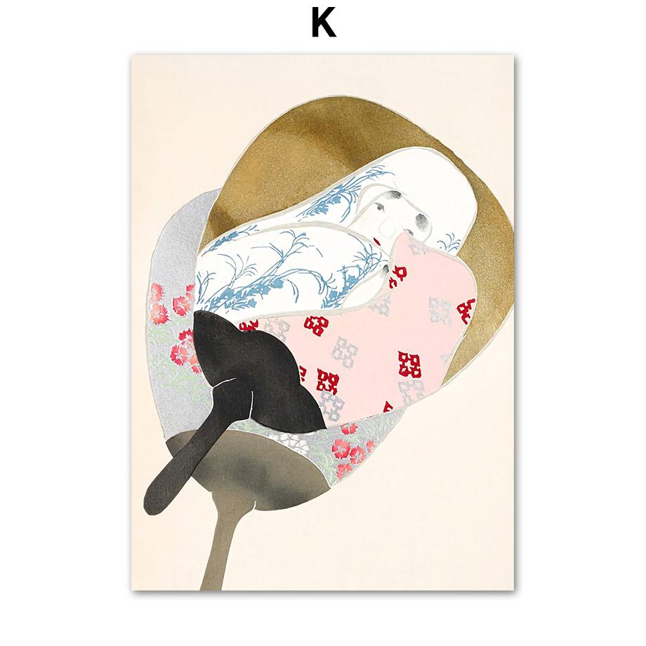 Японский стиль Журавль Ласточка Лебедь Женщина Цветочные постеры и принты Настенная живопись на холсте для гостиной Декоративные фотографии