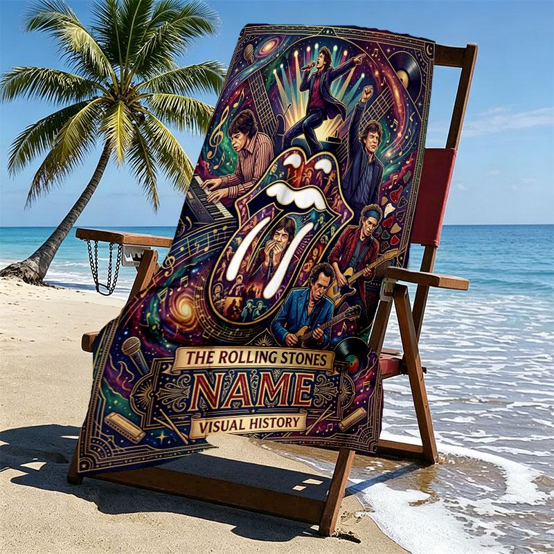 Custom Name Personalized The Rolling Stones Print Beach Towel, for Trip Camping Beach Party Home Decor, Birthday Gift for Family & Friends