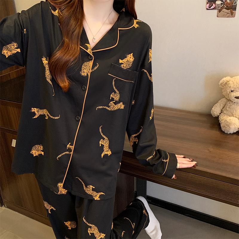 Women's Spring and Fall New Korean Advanced Sense of Leopard Pajamas Homewear Set Girls Casual Long-Sleeved Pajamas Homewear Set