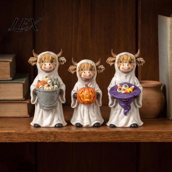 Dark Style Resin Ornament 3Pcs Halloween Ghost Highland Cow Figurines, Yak Statues with Pumpkin, Farmhouse Craft Figurine Tabletop Ornaments