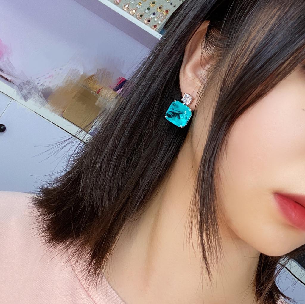 Медь Изысканные серьги с голубым параибским цирконом для женщин Супер блеск Темпераментные пусеты Вечеринка День рождения Ювелирные подарки