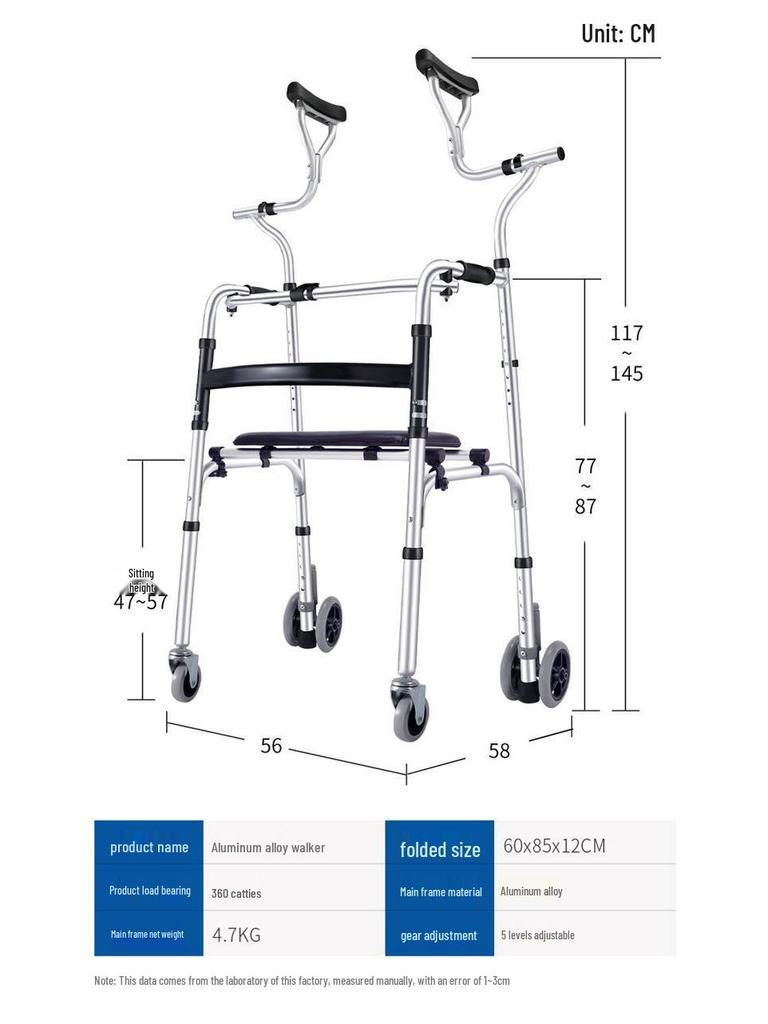 Складная ходунка из алюминиевого сплава с колесами, подмышечные костыли и подушка для сиденья для реабилитации пожилых людей.