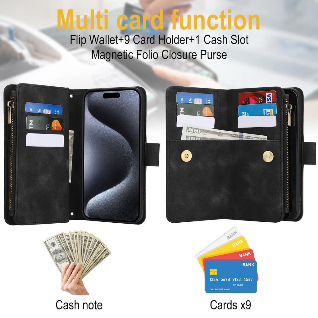 Wallet 9 Card Slots Flip Zipper Leather Case For iPhone 16 15 Plus 14 13 12 11 Pro Max XR X Samsung S24 S23 S22 S21 Ultra Plus FE A15 A55 A14 A34 A54