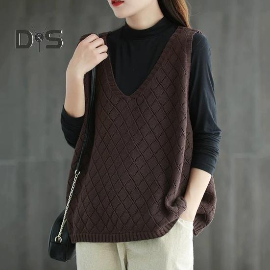 Весна Осень Женский Жилет Вязаный Свитер Ретро V-образный Вырез Свободный Без Рукавов Однотонный Пуловер Ажурный Ромбовидный Текстурный Топ Повседневная Одежда