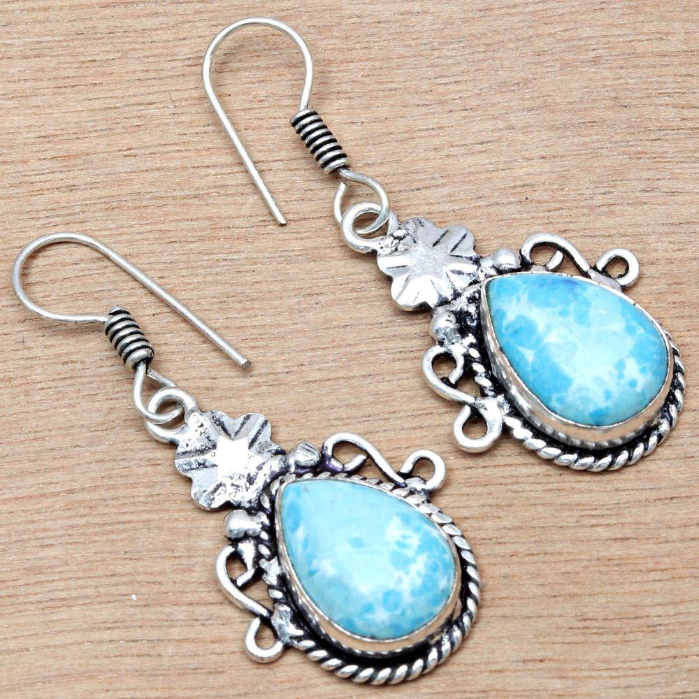 Карбиан Ларимар Драгоценный Камень Ручной Работы Подарок Для Нее Серебряные Ювелирные Изделия Серьги 1.5''