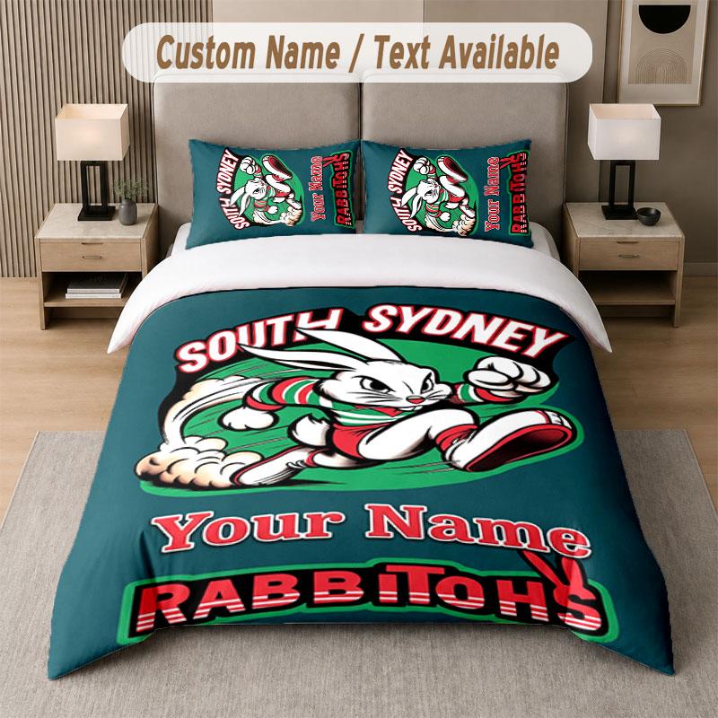 Custom Bedding Set South Sydney Rabbitohs Pattern, Print Name Text 1 Duvet Cover plus 2 Pillowcases Home Textile