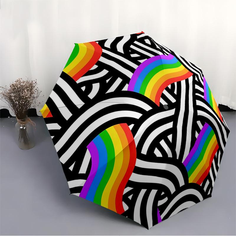 1pc Rainbow Waves Automatic Folding Umbrella - Compact 8-Rib Design, Durable Plastic & Iron, Lightweight for Outdoor Daily Use037