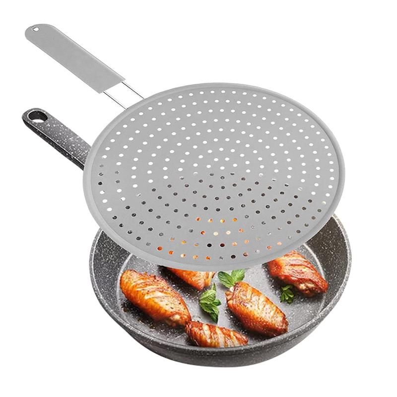 Silicone Splatter Screen With Handle Heat-resistant Oil Splash Guard Drain Board Cover Kitchen Frying Pan Lid Cooking Tools