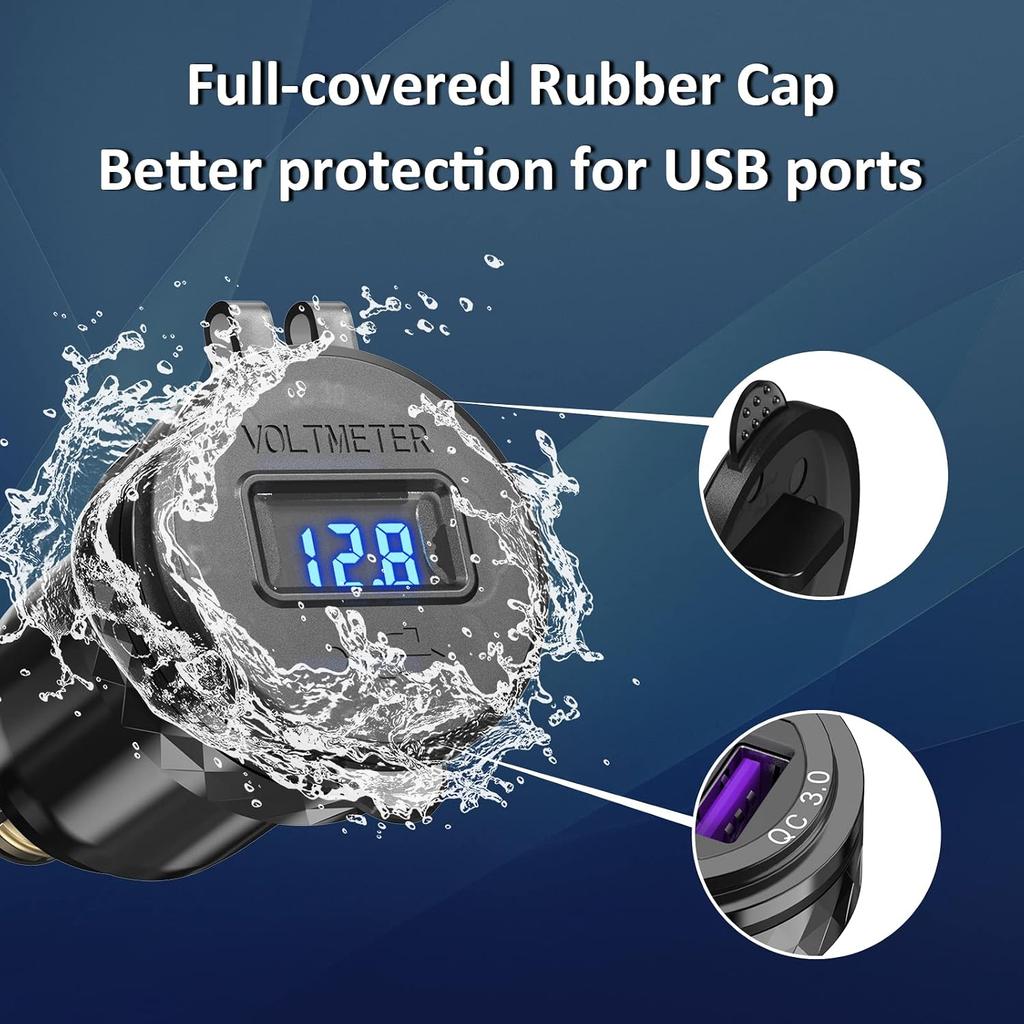 Qidoe Motorcycle Power Adapter Waterproof Hella Din Plug to USB Adapter with ON-Off Switch 30W USB C PD3.0 Din USB 18W QC3.0 Quick Charge Aluminum