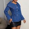 Women's Round Neck Long Sleeve Denim Jacket Regular Elegant Commuter Top Big Lapel Button Peplum Blouse