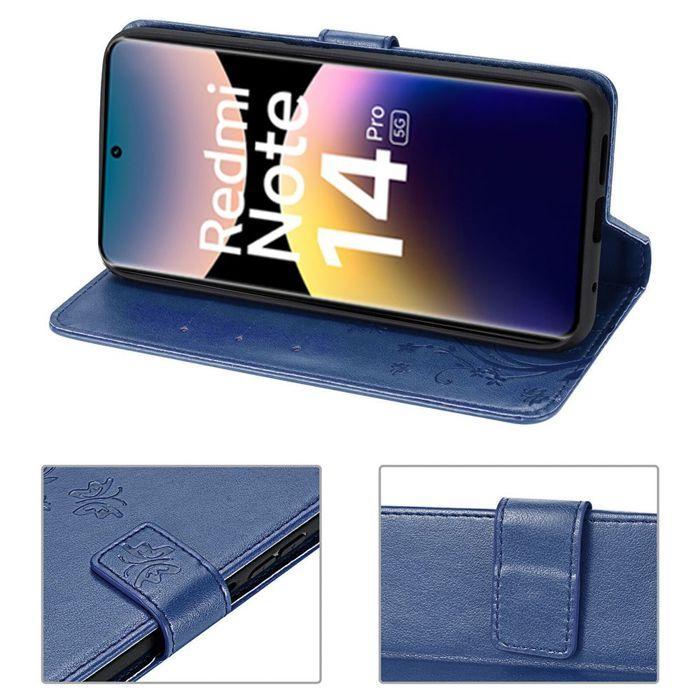 Coque pour Xiaomi Redmi Note 14 Pro 5G (pas pour 4G) Protection Synthécuir Relief Floral Artistique - Bleu Marine