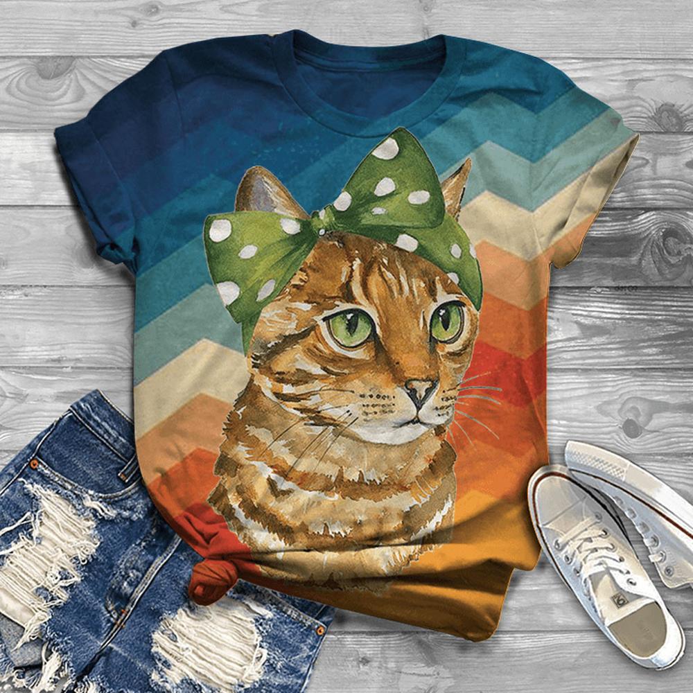 Women's T Shirt Plus Size Women Short Sleeve 3D Cartoon Cat Printed O-Neck Tops